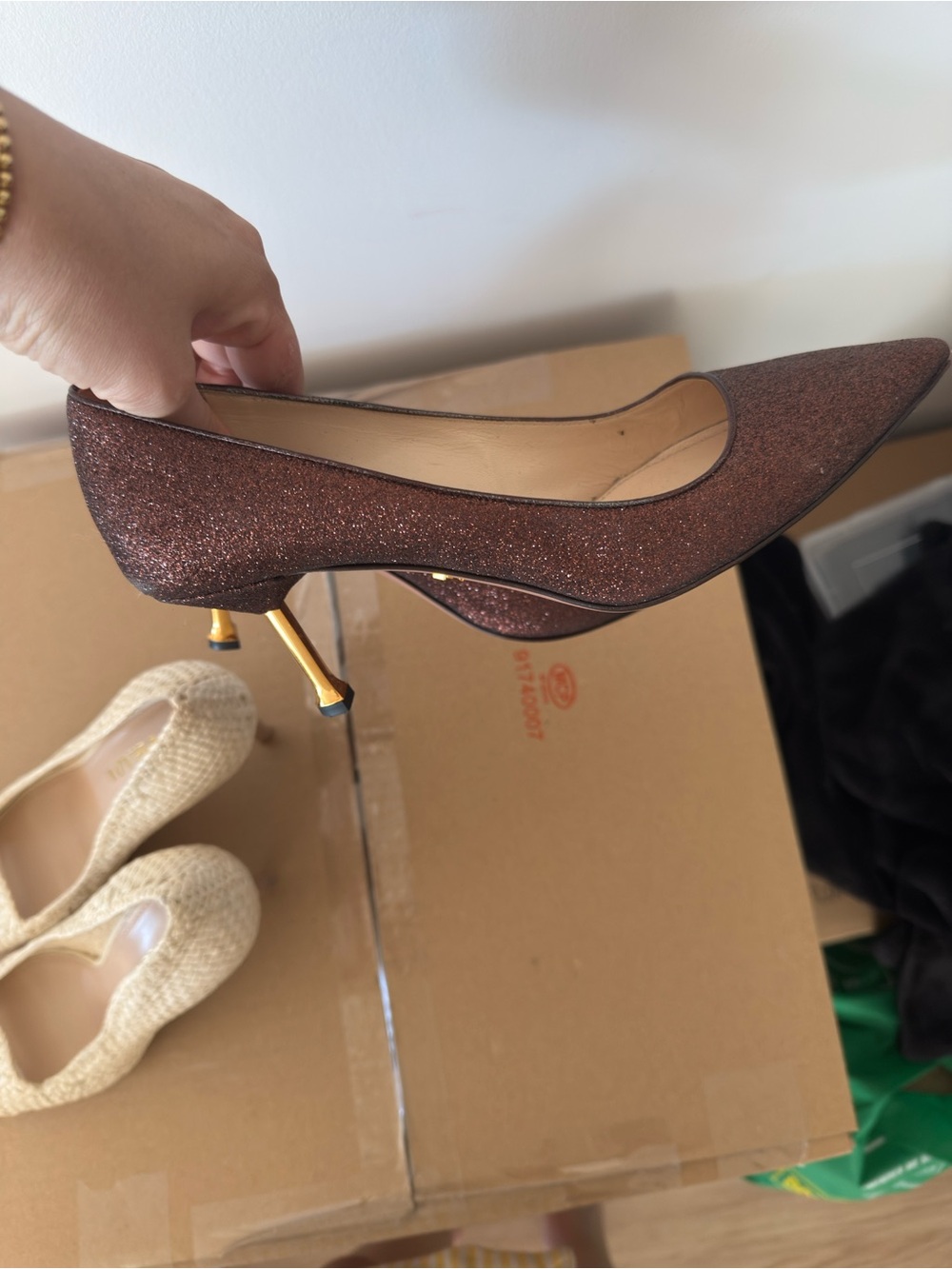 Prada Brown Glitter Pointed-Toe Kitten Heels with Gold Accents